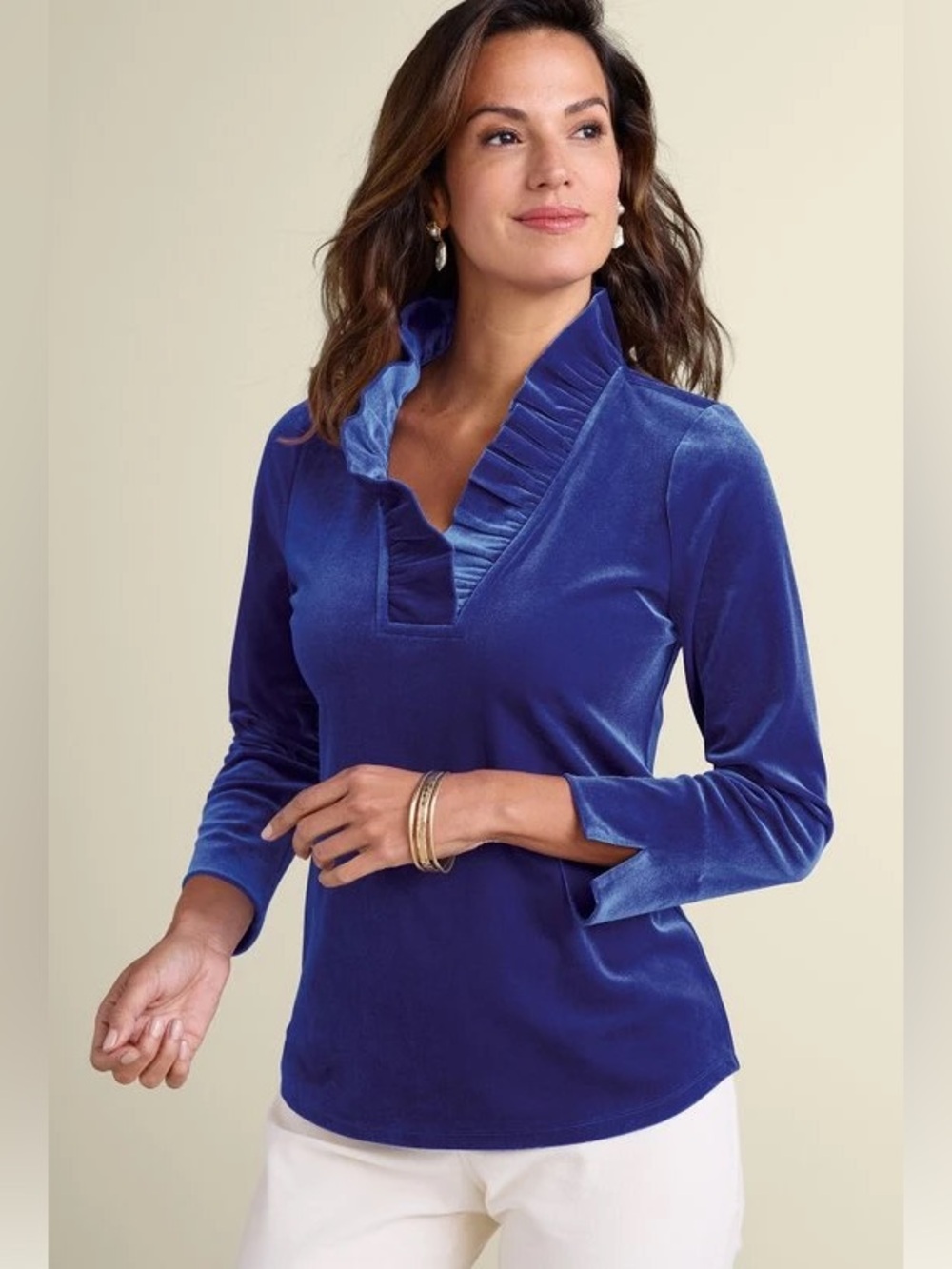 Soft Surroundings Marlee Ruffle Velvet Top Royal Blue 2X Preppy Quiet Luxury